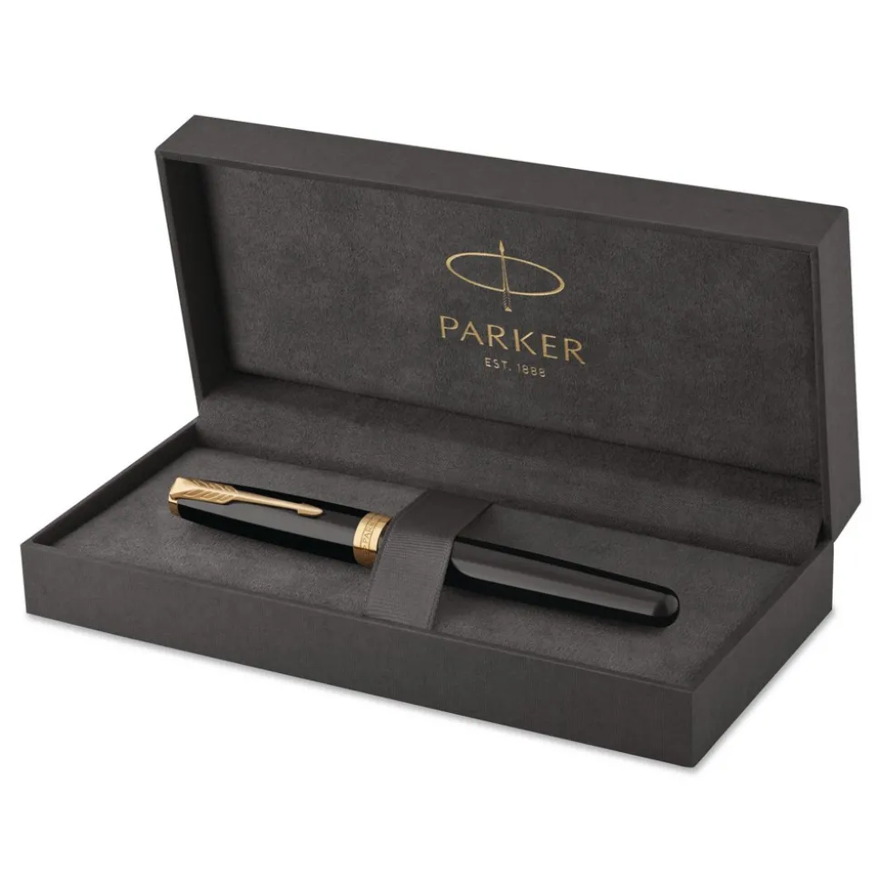 Parker Sonnet Medium 1 mm Fountain Pen with Gift Box - Black Ink/Black/Gold Barrel