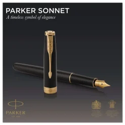 Parker Sonnet Medium 1 mm Fountain Pen with Gift Box - Black Ink/Black/Gold Barrel