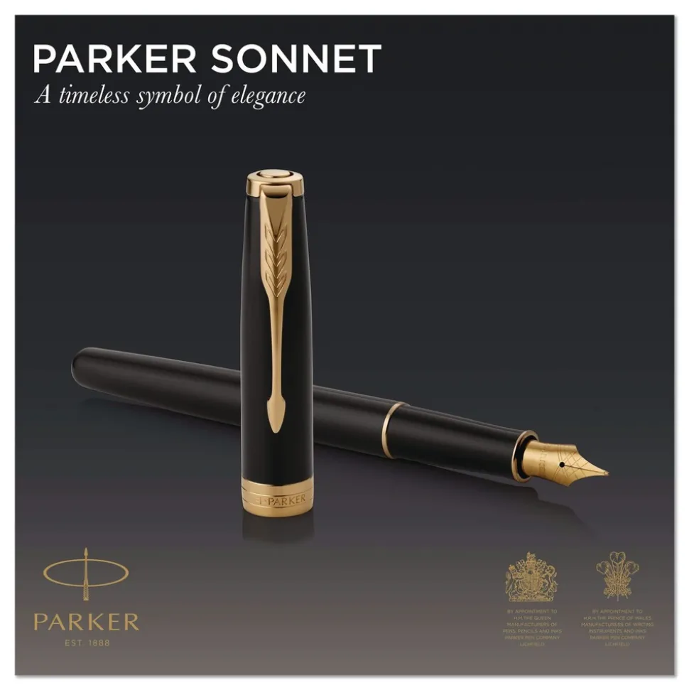Parker Sonnet Medium 1 mm Fountain Pen with Gift Box - Black Ink/Black/Gold Barrel