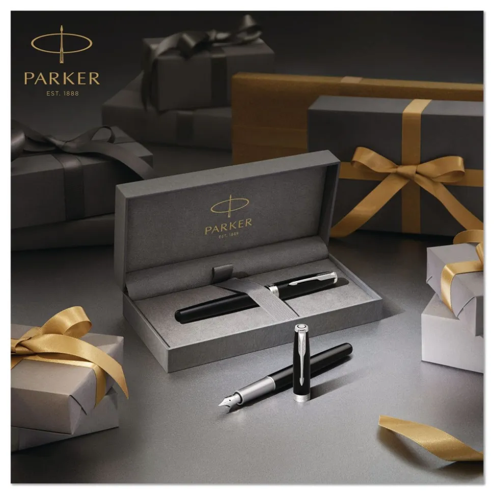 Parker Sonnet Medium 1 mm Fountain Pen with Gift Box - Black Ink/Black/Gold Barrel