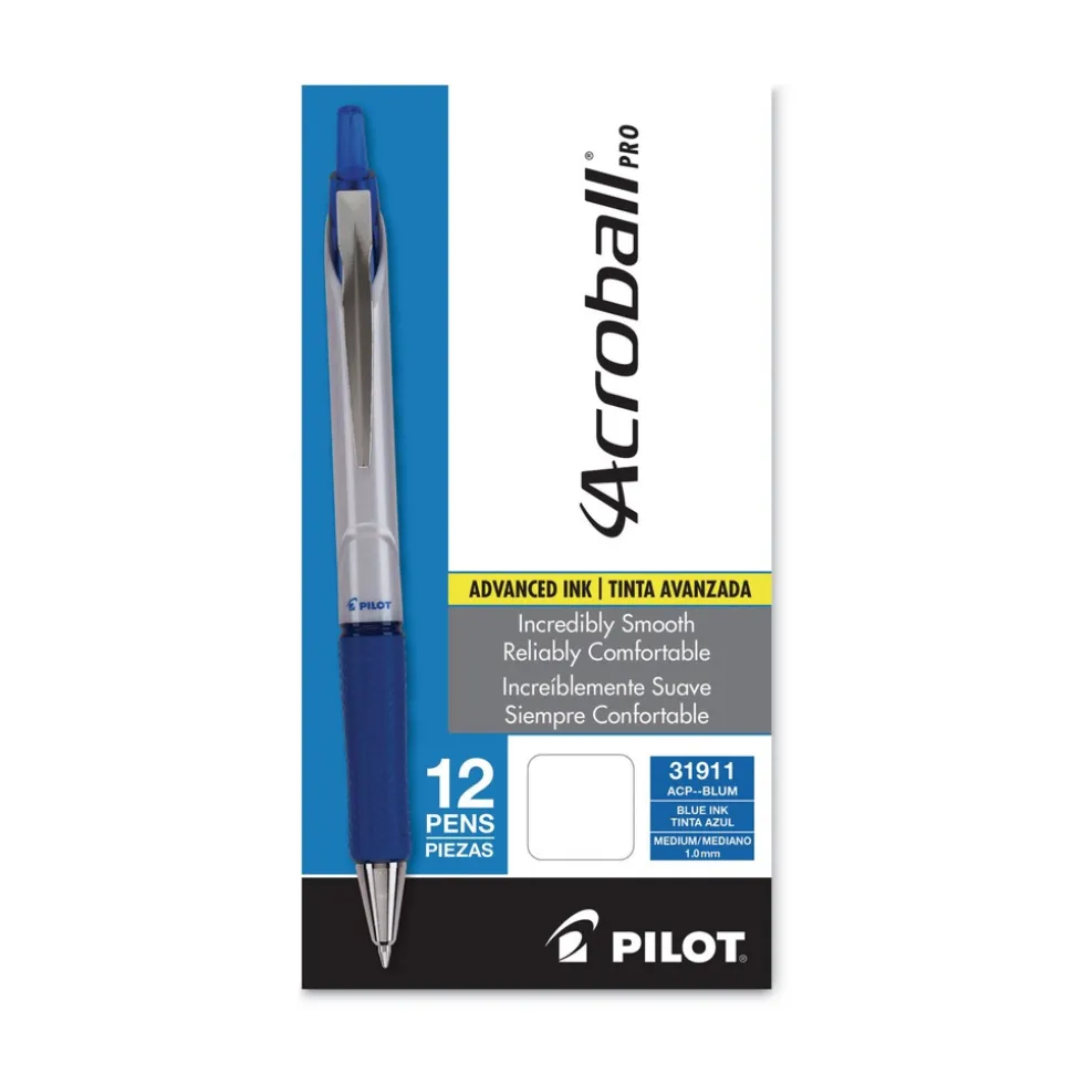 Pilot Acroball Pro Advanced Ink Medium 1 mm Hybrid Gel Pen - Blue Ink/Silver/Blue Barrel (1-Dozen)