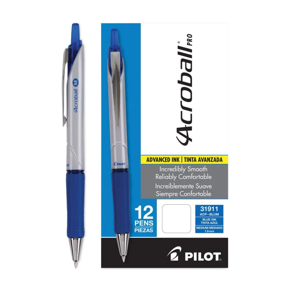 Pilot Acroball Pro Advanced Ink Medium 1 mm Hybrid Gel Pen - Blue Ink/Silver/Blue Barrel (1-Dozen)