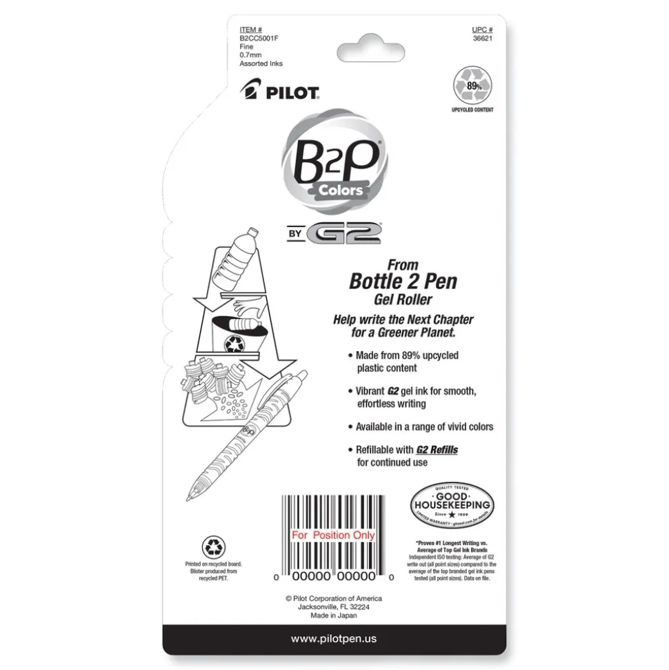 Pilot B2P Bottle-2-Pen Recycled Fine 0.7 mm Gel Pen - Assorted Ink and Barrel Colors (5/Pack)