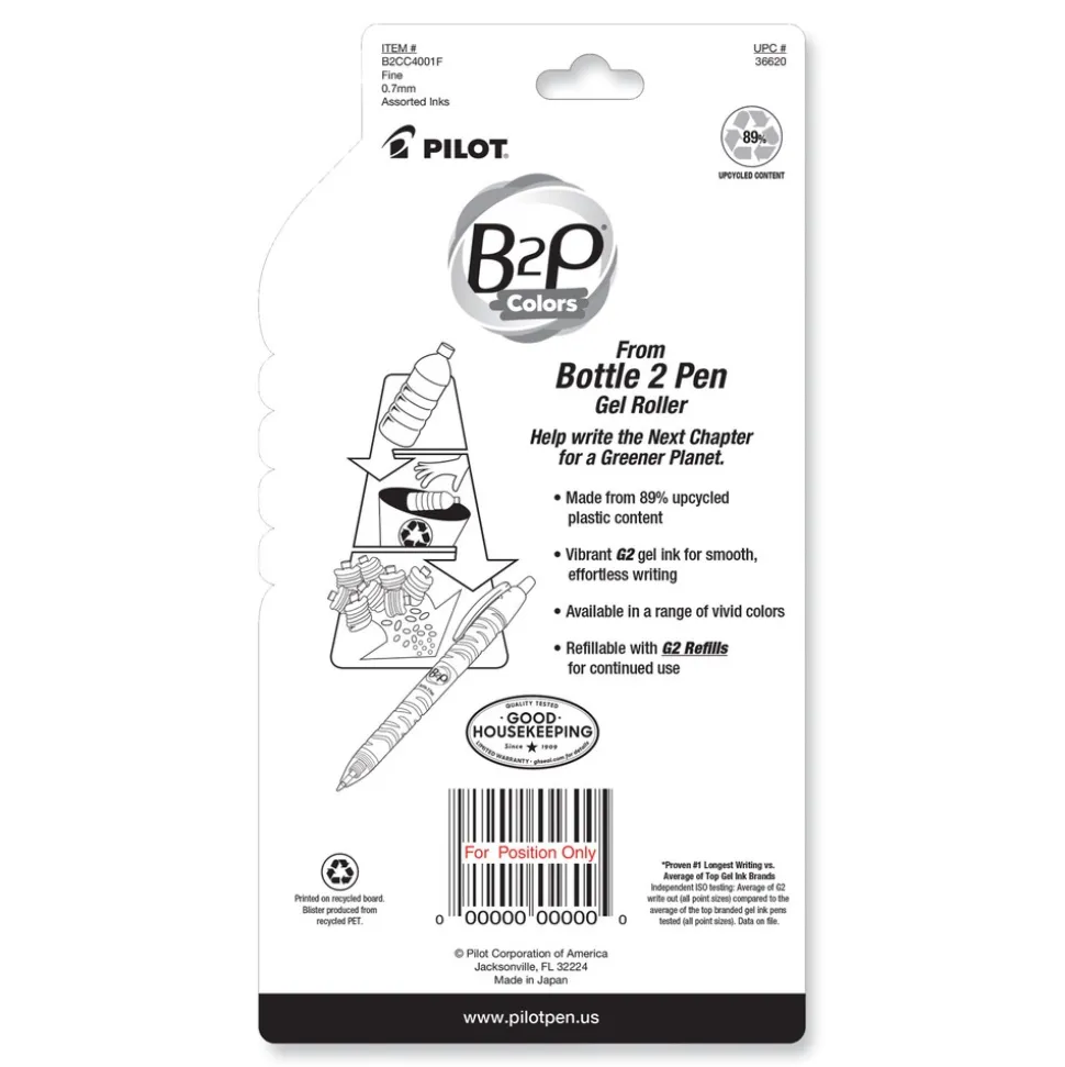 Pilot B2P Bottle-2-Pen Recycled Fine 0.7 mm Gel Pen - Assorted Ink and Barrel Colors (4/Pack)