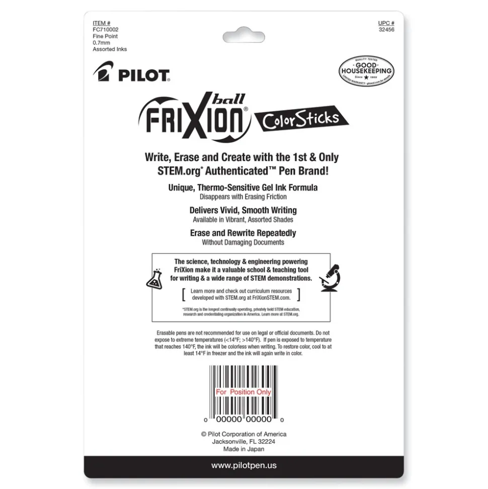 Pilot FriXion ColorSticks Fine 0.7 mm Erasable Gel Pen - Assorted Ink and Barrel Colors (10/Pack)
