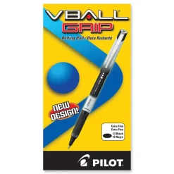 Pilot VBall Grip Liquid Ink Extra-Fine 0.5 mm Rollerball Pen - Black Ink/Black/White Barrel (1-Dozen)