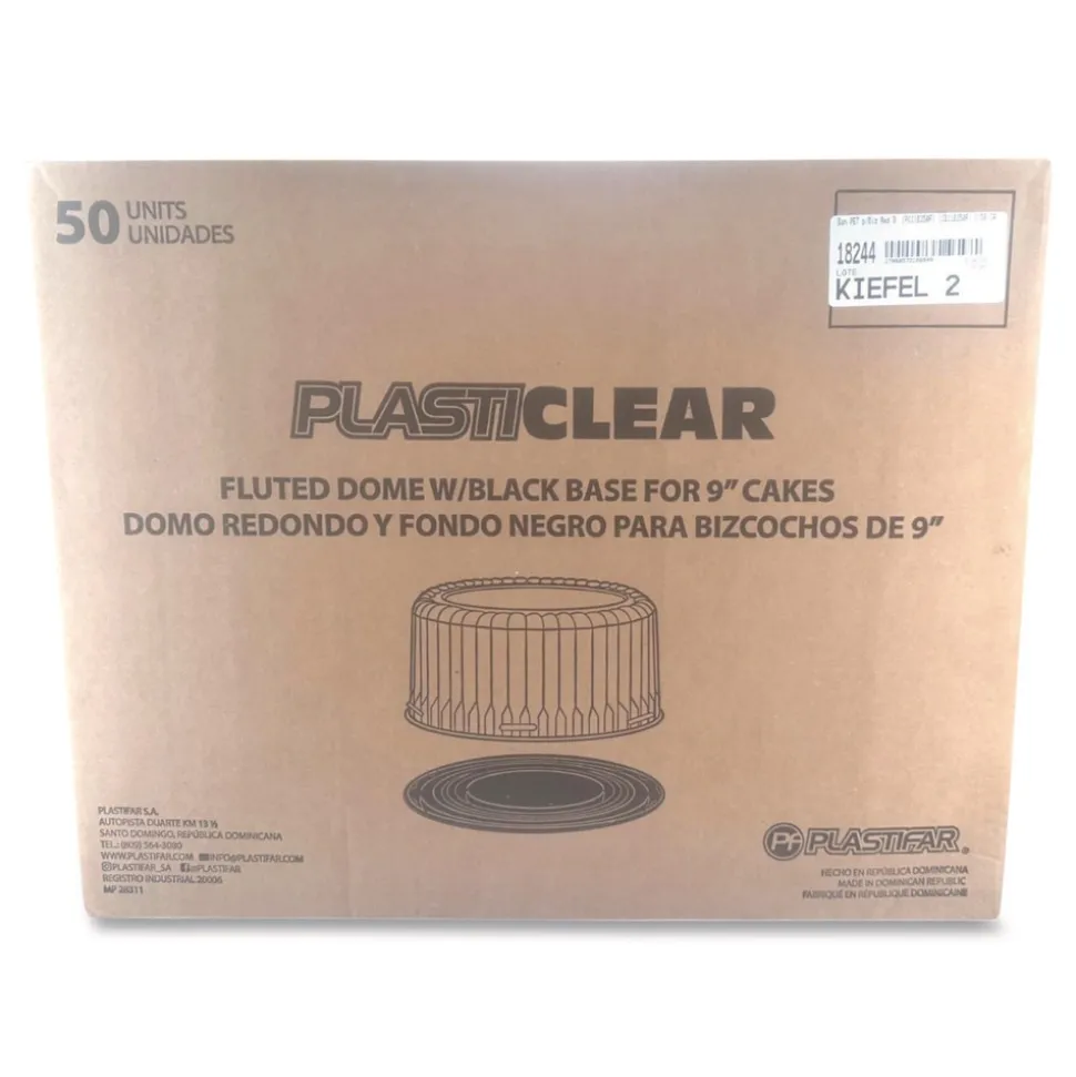 Plastifar Bakery Containers, 9-in Cake Container, 11.2-in Diameter x 3.5-in h, Black/Clear, 50/Carton