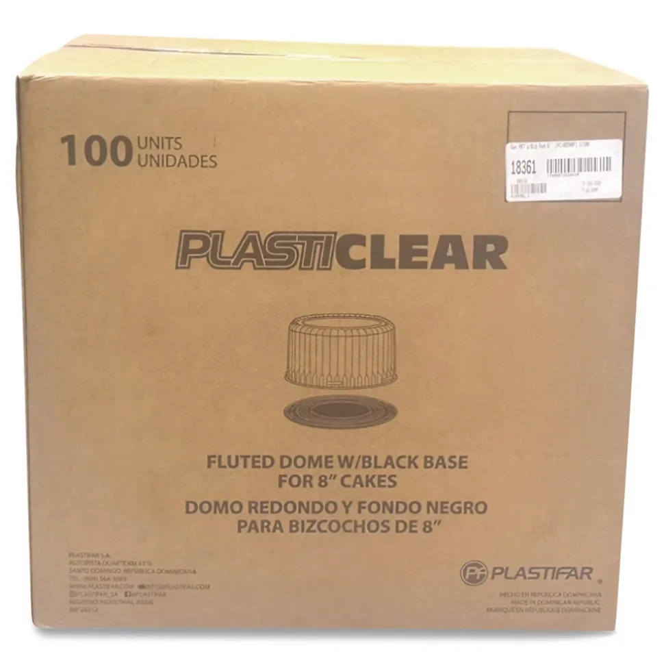 Plastifar Bakery Containers, 8-in Cake, 9.7-in Diameter x 5-in h, Black/Clear, 100/Carton