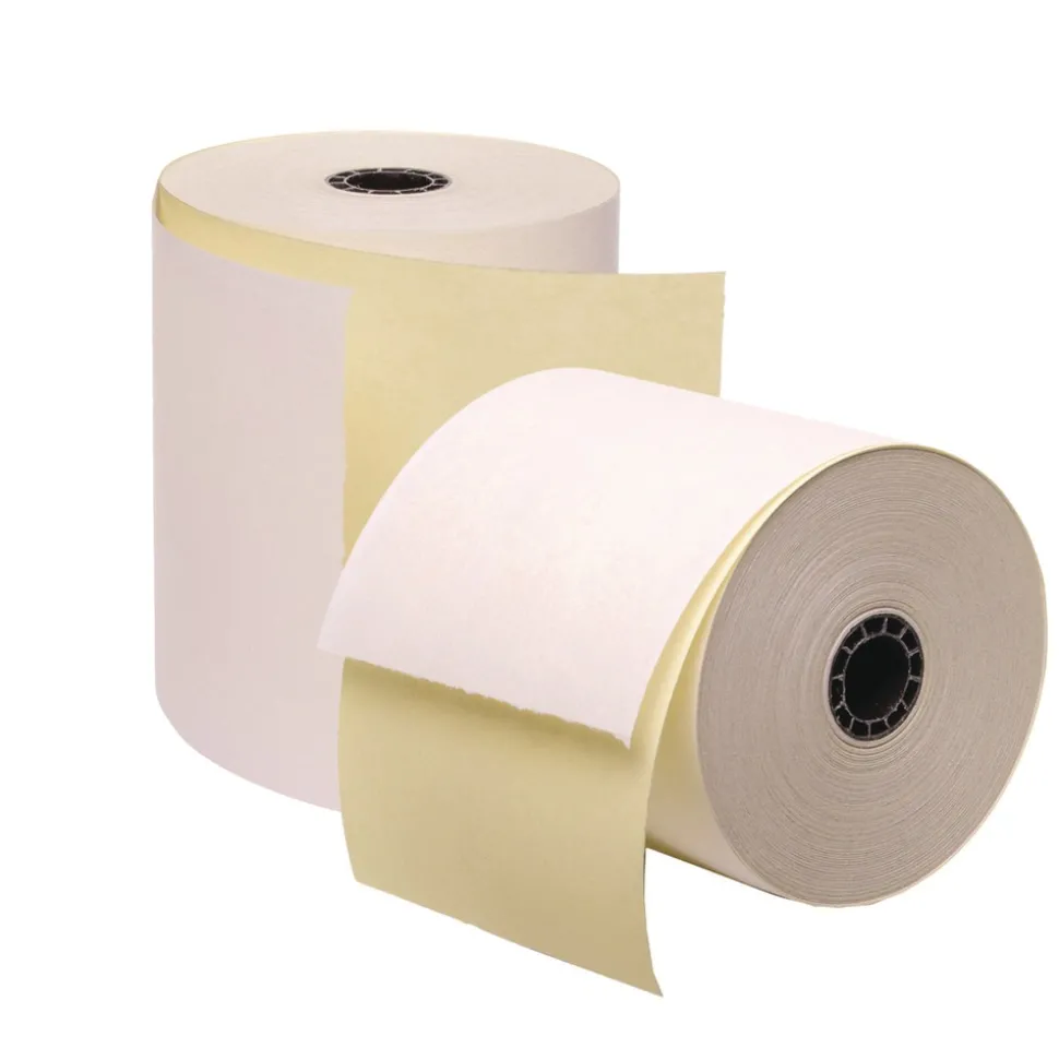 PM Company 3 in. x 90 ft. Impact Printing Carbonless Paper Rolls - White/Canary (50/Carton)