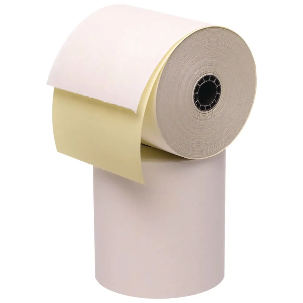PM Company 3 in. x 90 ft. Impact Printing Carbonless Paper Rolls - White/Canary (50/Carton)