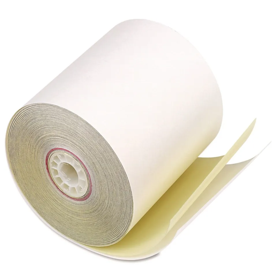 PM Company 3 in. x 90 ft. Impact Printing Carbonless Paper Rolls - White/Canary (50/Carton)