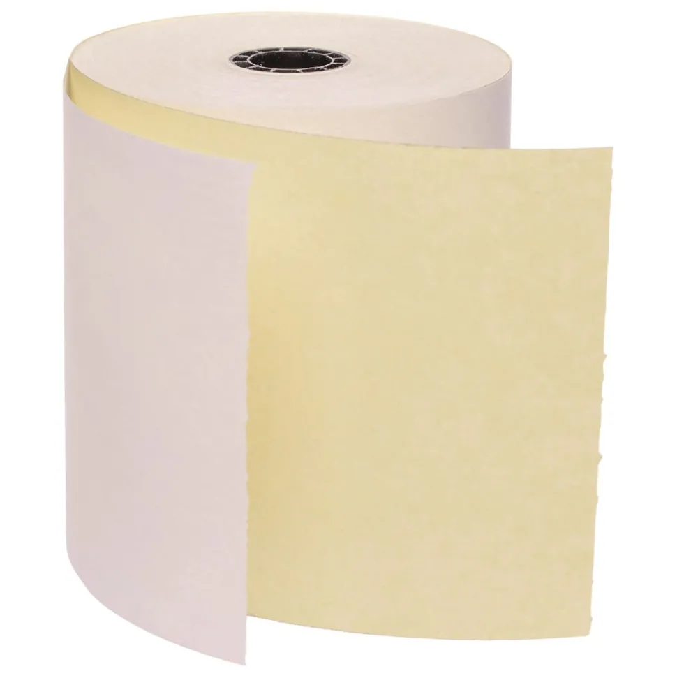 PM Company 3 in. x 90 ft. Impact Printing Carbonless Paper Rolls - White/Canary (50/Carton)