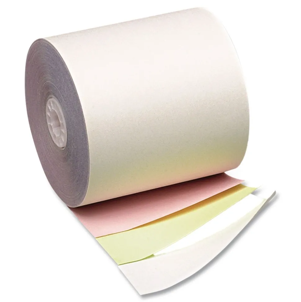 PM Company 3 in. x 70 ft. Impact Printing Carbonless Paper Rolls - White/Canary/Pink (50/Carton)