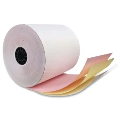 PM Company 3 in. x 70 ft. Impact Printing Carbonless Paper Rolls - White/Canary/Pink (50/Carton)