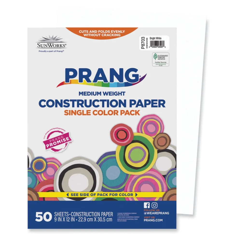 Prang SunWorks 9 in. x 12 in. 50 lbs. Text Weight Construction Paper - Bright White (50/Pack)