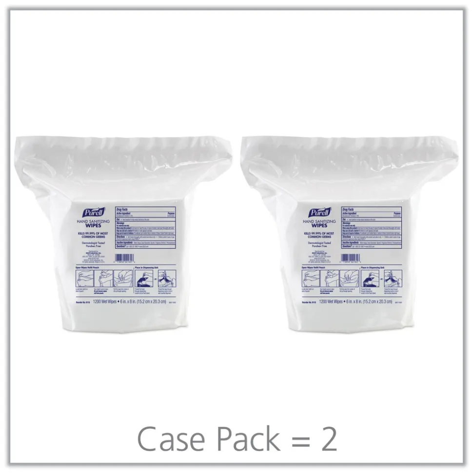 PURELL 9118-02 1200-Piece/Refill Pouch 2 Refills/Carton 6 in x 8 in Hand Sanitizing Wipes - White, Fresh Citrus