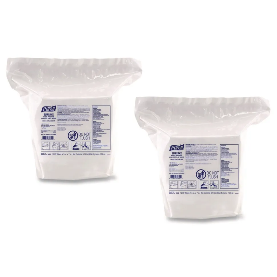 PURELL 9103-02 Surface Multi-Purpose Disinfecting Wipes, 1-Ply, 5 x 7, Fresh Citrus, White, 2/Carton