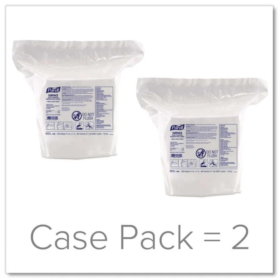 PURELL 9103-02 Surface Multi-Purpose Disinfecting Wipes, 1-Ply, 5 x 7, Fresh Citrus, White, 2/Carton