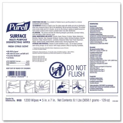 PURELL 9103-02 Surface Multi-Purpose Disinfecting Wipes, 1-Ply, 5 x 7, Fresh Citrus, White, 2/Carton