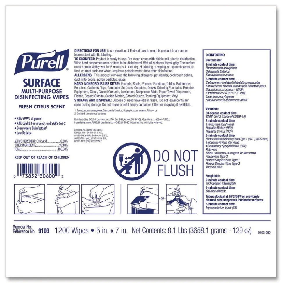 PURELL 9103-02 Surface Multi-Purpose Disinfecting Wipes, 1-Ply, 5 x 7, Fresh Citrus, White, 2/Carton