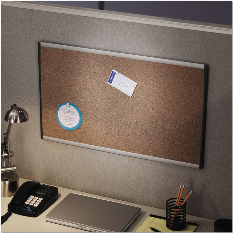 Quartet 30 in. x 18 in. ARC Frame Cubicle Cork Bulletin Board - Tan Surface/Satin Aluminum Frame