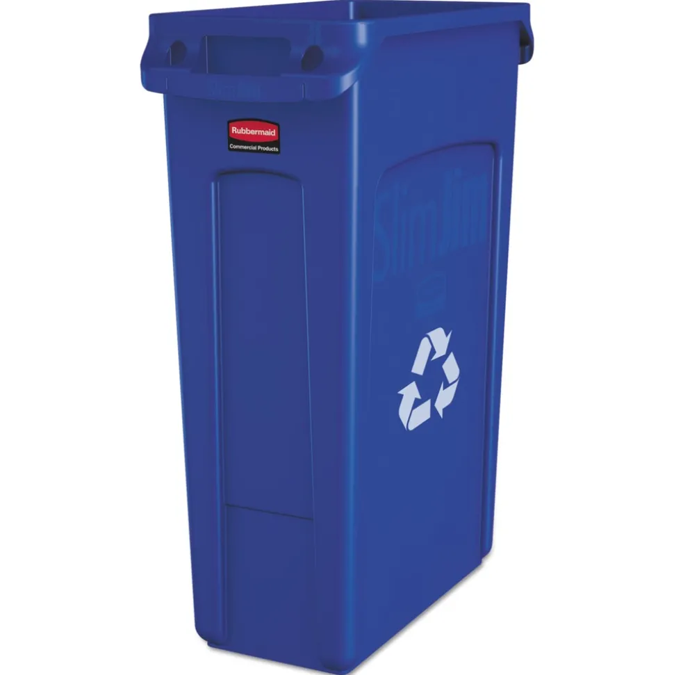 Rubbermaid Commercial 23 Gallon Slim Jim Recycling Plastic Container with Venting Channels - Blue