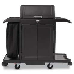 Rubbermaid Commercial 24.4 in. x 62.4 in. x 56.9 in. 4-Shelf Housekeeping Cart with Hood and Doors - Black