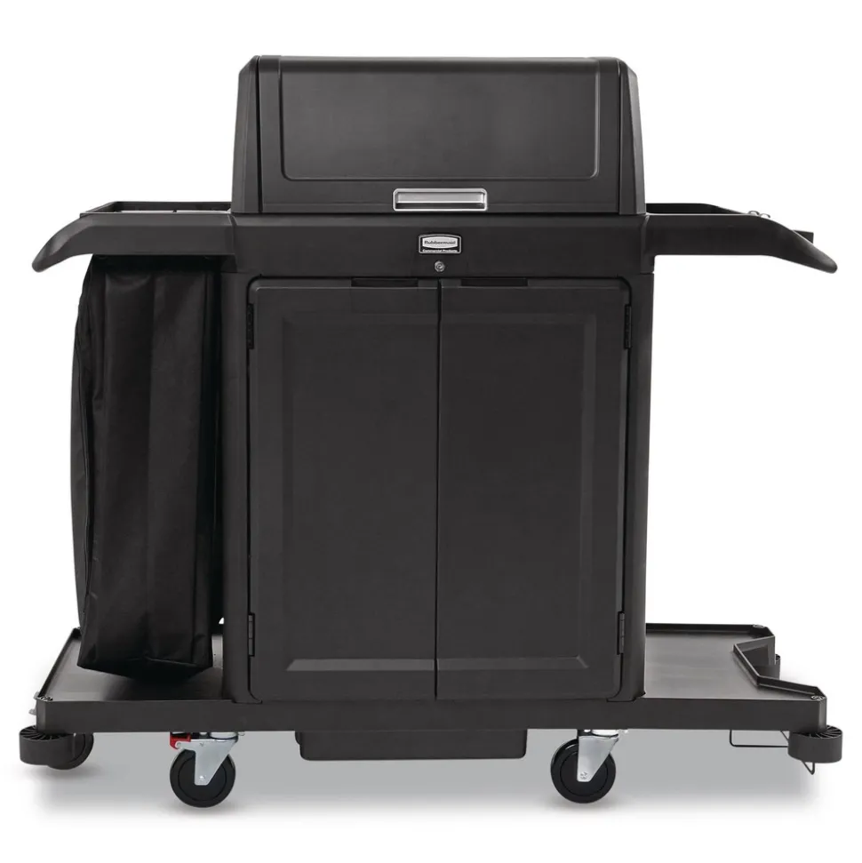 Rubbermaid Commercial 24.4 in. x 62.4 in. x 56.9 in. 4-Shelf Housekeeping Cart with Hood and Doors - Black