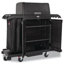 Rubbermaid Commercial 24.4 in. x 62.4 in. x 56.9 in. 4-Shelf Housekeeping Cart with Hood and Doors - Black