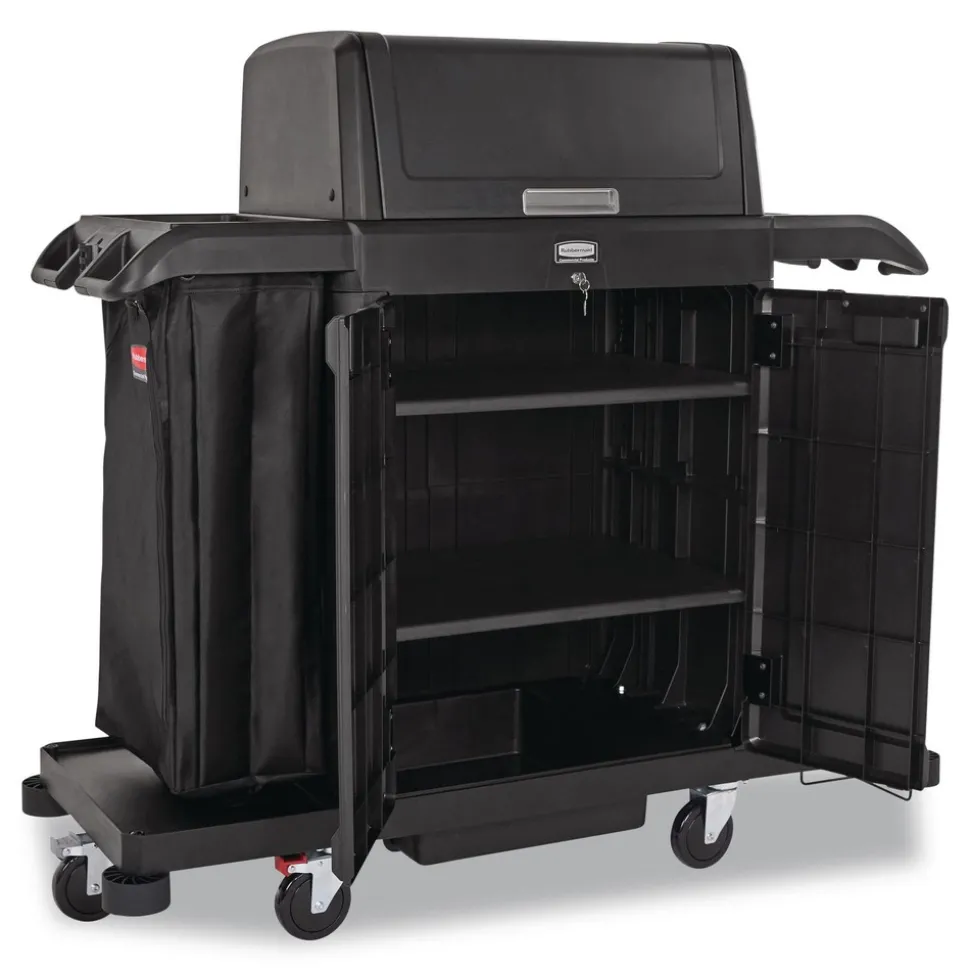 Rubbermaid Commercial 24.4 in. x 62.4 in. x 56.9 in. 4-Shelf Housekeeping Cart with Hood and Doors - Black