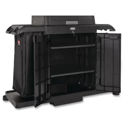 Rubbermaid Commercial 24.4 in. x 62.4 in. x 56.9 in. 4-Shelf Housekeeping Cart with Hood and Doors - Black