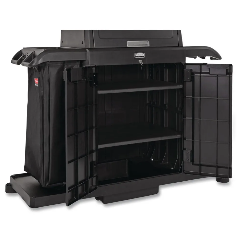 Rubbermaid Commercial 24.4 in. x 62.4 in. x 56.9 in. 4-Shelf Housekeeping Cart with Hood and Doors - Black