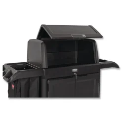 Rubbermaid Commercial 24.4 in. x 62.4 in. x 56.9 in. 4-Shelf Housekeeping Cart with Hood and Doors - Black