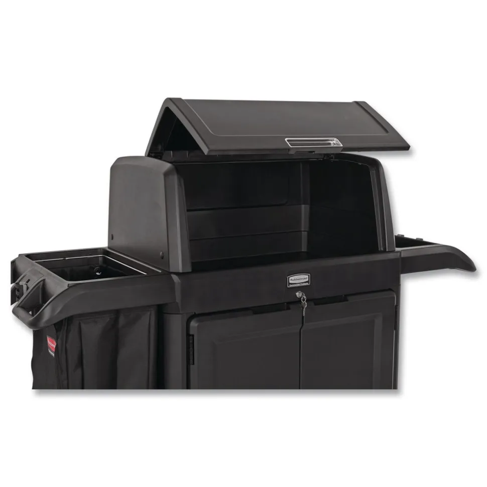 Rubbermaid Commercial 24.4 in. x 62.4 in. x 56.9 in. 4-Shelf Housekeeping Cart with Hood and Doors - Black