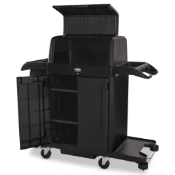 Rubbermaid Commercial 24.4 in. x 62.4 in. x 56.9 in. 4-Shelf Housekeeping Cart with Hood and Doors - Black