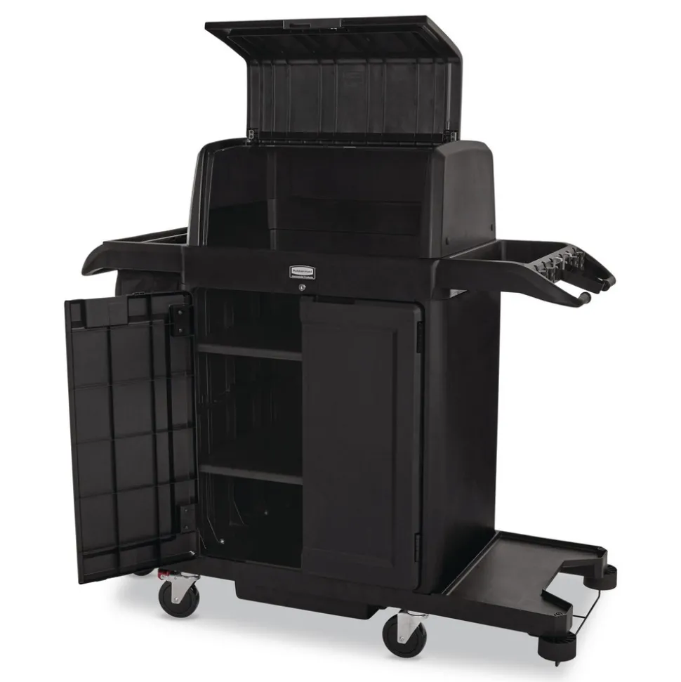 Rubbermaid Commercial 24.4 in. x 62.4 in. x 56.9 in. 4-Shelf Housekeeping Cart with Hood and Doors - Black