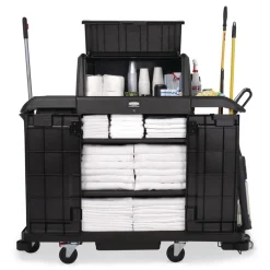Rubbermaid Commercial 24.4 in. x 62.4 in. x 56.9 in. 4-Shelf Housekeeping Cart with Hood and Doors - Black