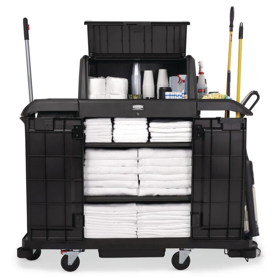 Rubbermaid Commercial 24.4 in. x 62.4 in. x 56.9 in. 4-Shelf Housekeeping Cart with Hood and Doors - Black