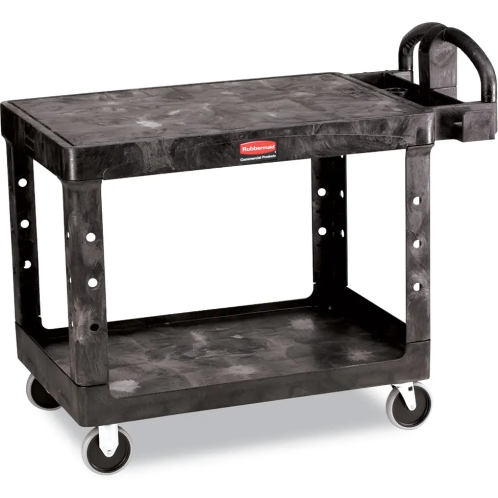 Rubbermaid Commercial 25.25 in. x 44 in. x 38.13 in. 500 lbs. Capacity 2 Flat Shelves Plastic Utility Cart - Black