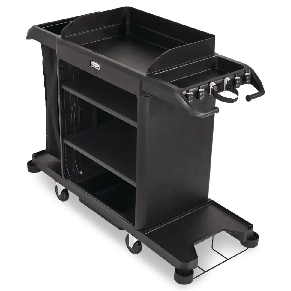 Rubbermaid Commercial 24.4 in. x 62.4 in. x 49 in. Full-Size 3-Shelf Housekeeping Cart - Black
