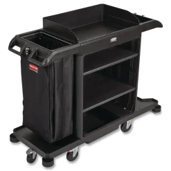 Rubbermaid Commercial 24.4 in. x 62.4 in. x 49 in. Full-Size 3-Shelf Housekeeping Cart - Black