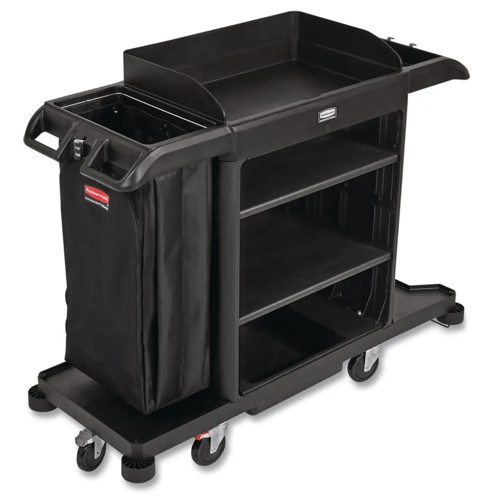 Rubbermaid Commercial 24.4 in. x 62.4 in. x 49 in. Full-Size 3-Shelf Housekeeping Cart - Black