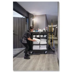 Rubbermaid Commercial 24.4 in. x 62.4 in. x 49 in. Full-Size 3-Shelf Housekeeping Cart - Black