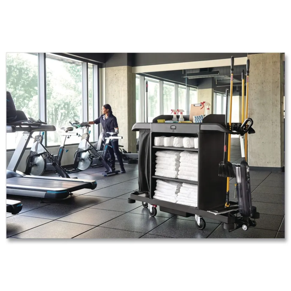 Rubbermaid Commercial 24.4 in. x 62.4 in. x 49 in. Full-Size 3-Shelf Housekeeping Cart - Black