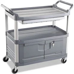 Rubbermaid Commercial 40.63 in. x 20 in. x 37.81 in. 300 lbs. Capacity 3 Shelves Plastic Xtra Instrument Cart with Locking Storage Area - Gray