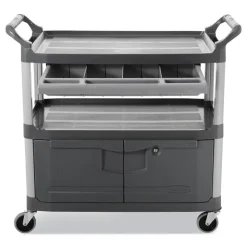 Rubbermaid Commercial 40.63 in. x 20 in. x 37.81 in. 300 lbs. Capacity 3 Shelves Plastic Xtra Instrument Cart with Locking Storage Area - Gray