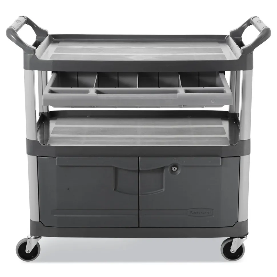 Rubbermaid Commercial 40.63 in. x 20 in. x 37.81 in. 300 lbs. Capacity 3 Shelves Plastic Xtra Instrument Cart with Locking Storage Area - Gray