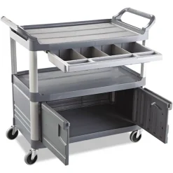 Rubbermaid Commercial 40.63 in. x 20 in. x 37.81 in. 300 lbs. Capacity 3 Shelves Plastic Xtra Instrument Cart with Locking Storage Area - Gray