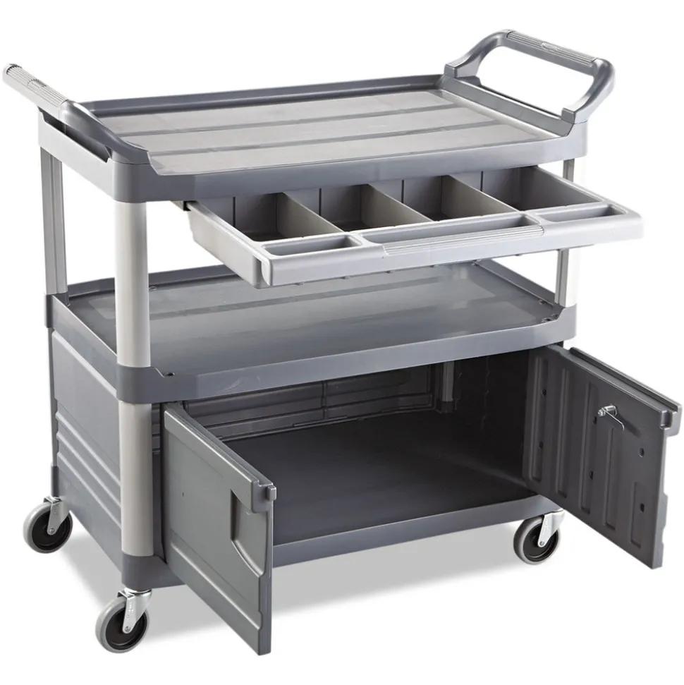 Rubbermaid Commercial 40.63 in. x 20 in. x 37.81 in. 300 lbs. Capacity 3 Shelves Plastic Xtra Instrument Cart with Locking Storage Area - Gray