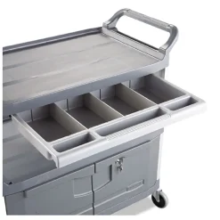 Rubbermaid Commercial 40.63 in. x 20 in. x 37.81 in. 300 lbs. Capacity 3 Shelves Plastic Xtra Instrument Cart with Locking Storage Area - Gray